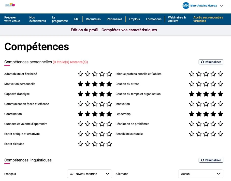 Profil de compétences sur Matching Square