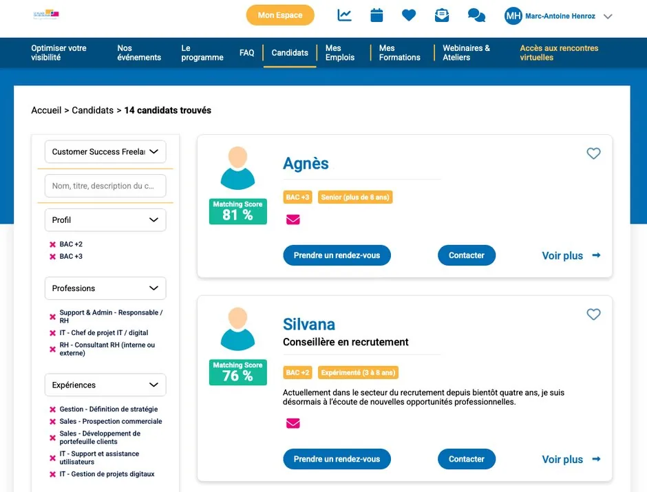 Recherche de candidats avec score de matching